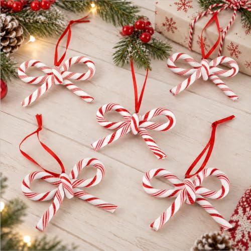 Candy Cane Bow Ornaments for Christmas Tree Decorations, Red and White