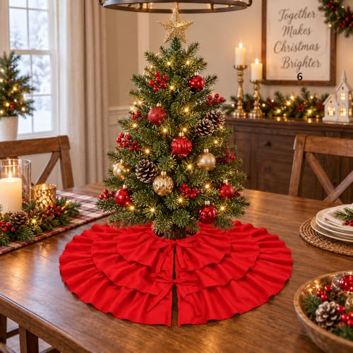 Ivarunner 24 Inch Red Mini Christmas Tree Skirt with 3-Tier Ruffles – Tabletop Tree Mat for 2–3 ft & 4 ft Slim Trees