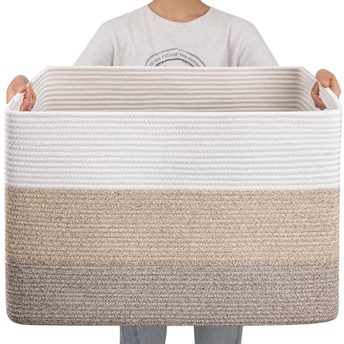Large Cotton Rope Blanket Basket - Dog Toy Storage with Handles - Gradient Brown