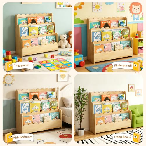 Natural 3-Tier Solid Pine Wood Bookshelf with Scalloped Edges - Montessori Style