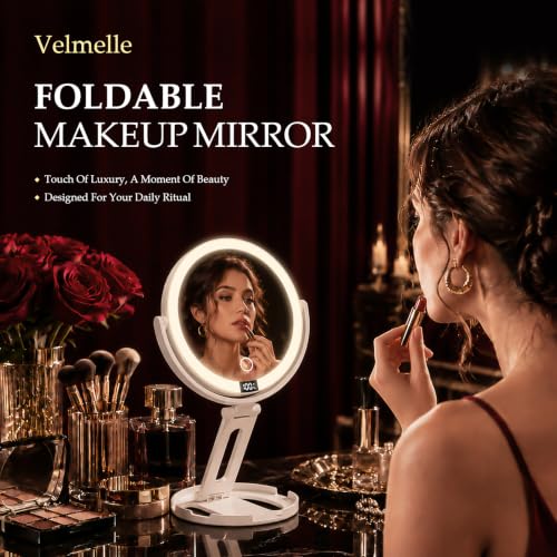 Velmelle White Travel Makeup Mirror with Lights, 1X/30X Dual-Sided Magnification