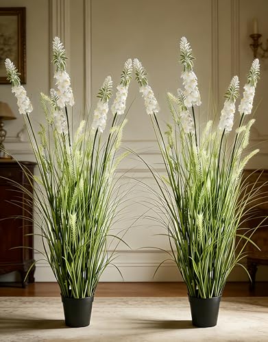 Artificial Tall Onion Grass Plants with Silk White Flowers - 4Ft, 2 Pack, Green & White Variation