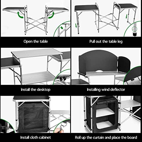 CampLand Folding Camping Kitchen Table with Windscreen & Storage Cabinet - Black2cabinet