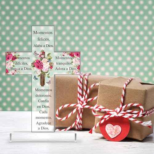 Shellwei Christmas Spanish Christian Acrylic Gift Religious Cross Inspirational Gift Spanish Cross Shape Acrylic Prayer Bible Verse Desk Decor for Women Mom Xmas Mother's Day Birthday(Cute)