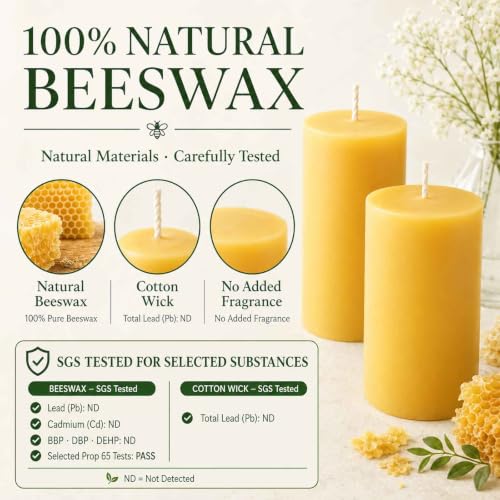 Yellow Beeswax Pillar Candles 2x4 Inch - Non-Toxic, 6 Pack, Long Burn