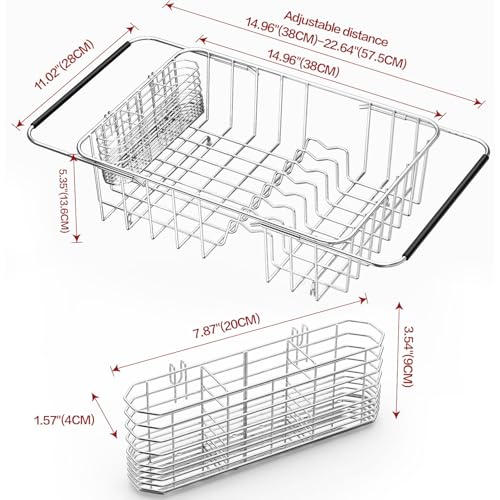 Fanbsy Medium Expandable Dish Drainer Rack in Sink - 14.96x11.02x5.35 Inches, Rustproof Stainless Steel Kitchen Organizer