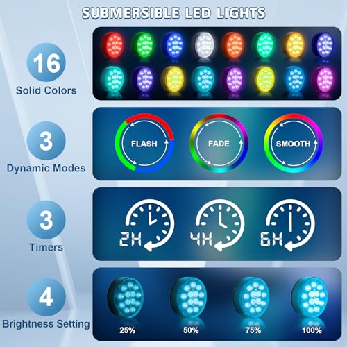 2 Pack Rechargeable Underwater Pool Lights with Remote, 16 Colors, IP68 Waterproof