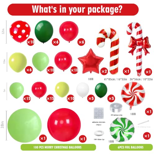Jenlion 106Pcs Christmas Balloon Arch Kit with Large Mylar Foils - Light Green, Red, Dark Green