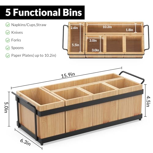 Bamboo Silverware Holder for Parties with 5 Removable Bins - Eco-Friendly Utensil Caddy