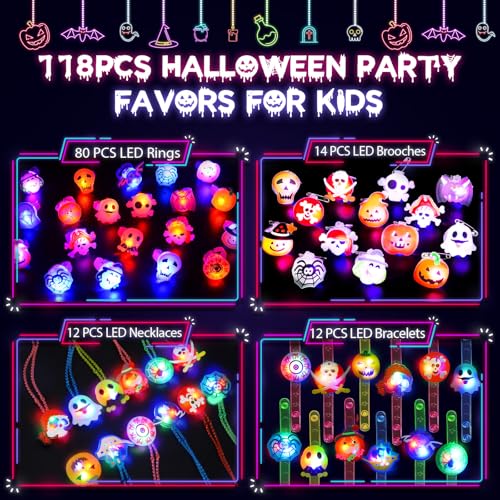118 Pack Halloween Glow in the Dark Party Favors for Kids - Light Up Rings, Brooches, Necklaces, Bracelets