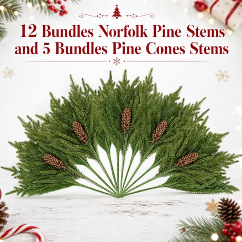 12Pcs Artificial Norfolk Pine Branches with Pinecones Holiday Decor