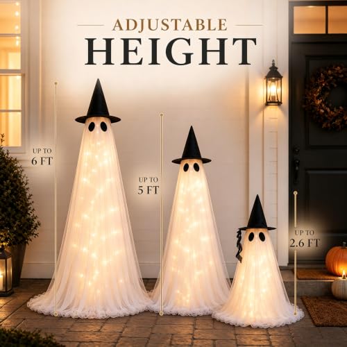 CheerBloom 3 Pack Light-Up Ghost Halloween Decorations Outdoor, Adjustable 6ft, 5ft, 2.6ft with Remote & Reusable Fabric