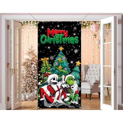 Sunwer Merry Christmas Door Cover Jack Decoration Front Porch Sign Backdrop Banner for Home Decor