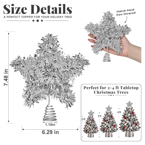 Silver 6-Inch Christmas Tree Star Topper, Mini Tree Holiday Decor