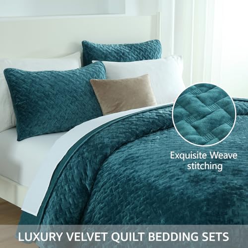 Liians Velvet Bedspread Quilt Coverlet Bedding Set Teal King Size