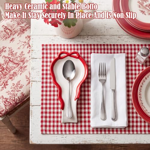 LemonRoad Red Bow Ceramic Spoon Rest - Christmas Kitchen Utensil Holder Gift