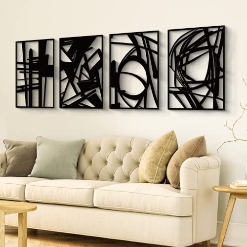 Glamativity 4 Pack Black Abstract Metal Wall Art - 16 x 11 Inches, Minimalist 3D Line Art Decor for Living Room & Bedroom