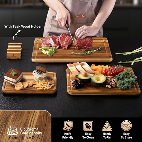 Multi-Size Teak Cutting Board Set - 3 Pack with Holder - Non-Toxic Kitchen Wood Boards