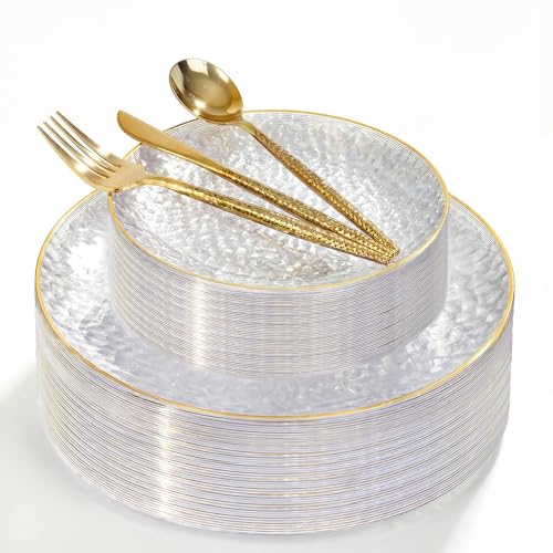Disposable Plastic Plates Set - Clear & Gold Hammered Design for Parties
