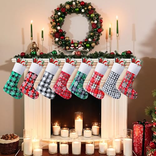 Tatuo 8-Pack Christmas Stockings 15in Buffalo Plaid Fireplace Decor