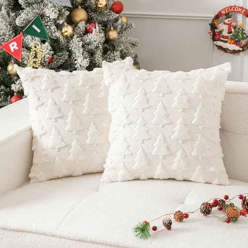 UGASA Christmas Tree Decorative Pillow Covers 18x18 Inch Set of 2 Soft Plush Faux Fur Luxury Sparkling Sequin Pattern Throw Pillows Pillowcases for Couch Sofa Holiday Festivals Home Decor, Cream White