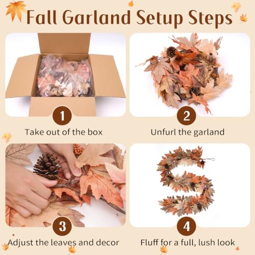 Fall Garland with Lights & Timer - 6 Ft Autumn Decor, 2 Pack