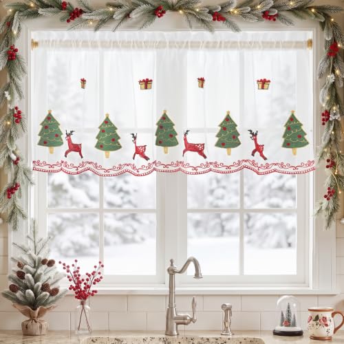 RYB HOME Christmas Reindeer Valance Curtain 52" x 18" for Kitchen & Window Decor