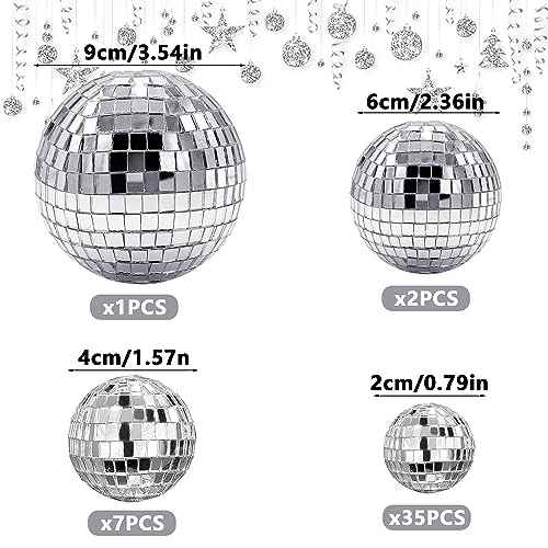 45 PCS 0.78Inch 1.57Inch 2.36Inch 3.54Inch Disco Ball Cake Decoration Ornaments Reflective Mirror Ball Cake Decoration 70s Disco Themed Party Decoration for Christmas Tree Dance Music
