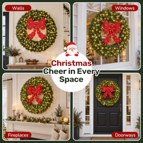 Sweetcrispy 36in Artificial Pre-Lit Fir Christmas Wreath with Green Spruce & Red Bow - 31V Plug-In