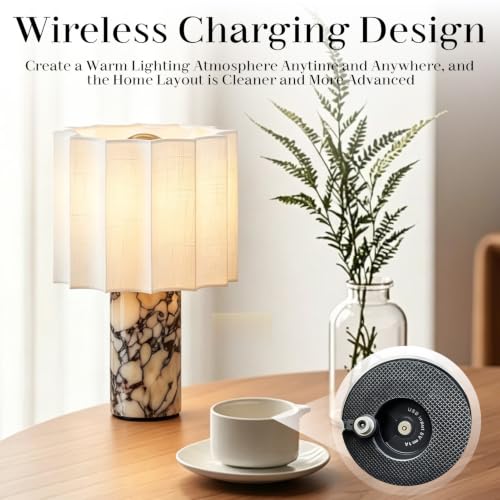 DGRGRHBV Rice White Marble Touch Table Lamp with Linen Shade - Cordless Rechargeable Night Light for Bedroom & Bedside
