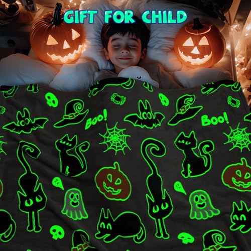 Halloween Decorations Gifts for Kids Boys Girls Glow in The Dark Blanket Toys Costumes for Women Teens 2 3 4 5 6 7 8 9 10 11 12 13 14 15 16 Years Old Ghost Boo Pumpkin Cat Bat Throw Halloween Decor