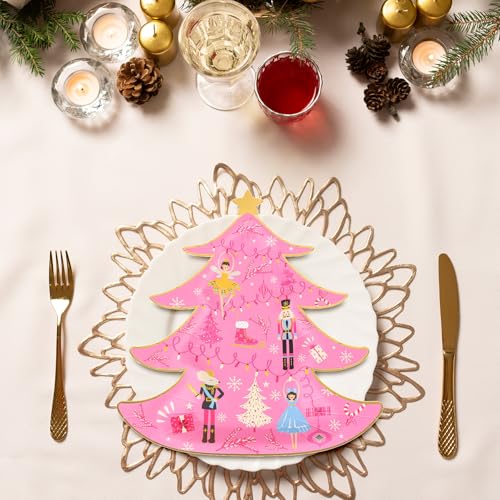 Whaline Pink Nutcracker Christmas Paper Plates 40Pcs - Tree Foil Holiday Party Dinnerware