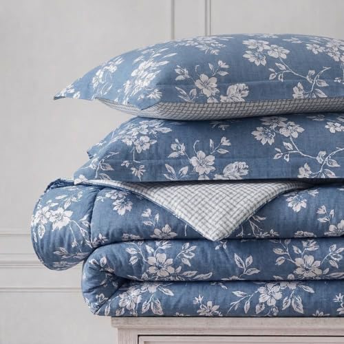 Queen Size Cotton Comforter Set with Matching Shams - Reversible Floral & Basketweave Design, Tortola Blue