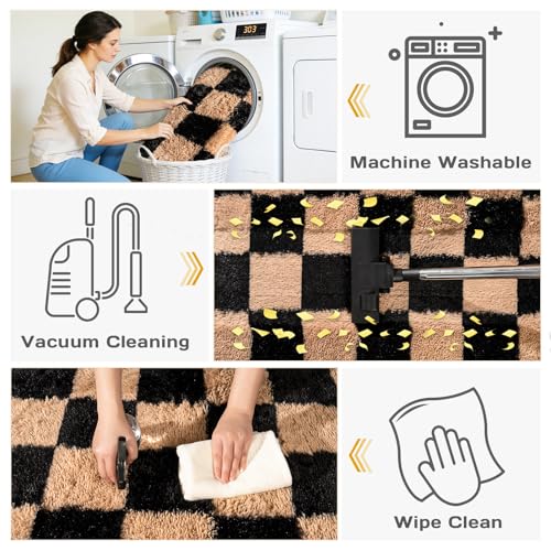8x10 Black & Beige Fluffy Checkered Rug - Soft Microfiber Living Room & Bedroom Accent with Anti-Slip Backing - Variation: Black & Beige / 8' x 10'
