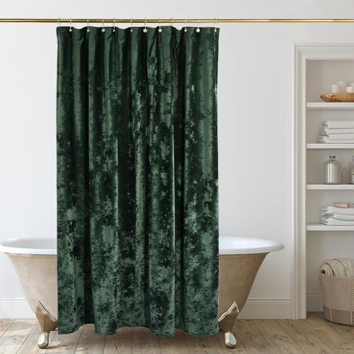 TAMGHO Extra Long Dark Green Velvet Shower Curtain Set with Gold Hooks, Waterproof 84 Inch