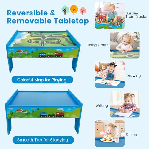 Costzon Wooden Train Table for Kids 32.5 x 23.5 x 16 Inches with 80-Piece Playset, Reversible & Detachable Surface, Multi-Color