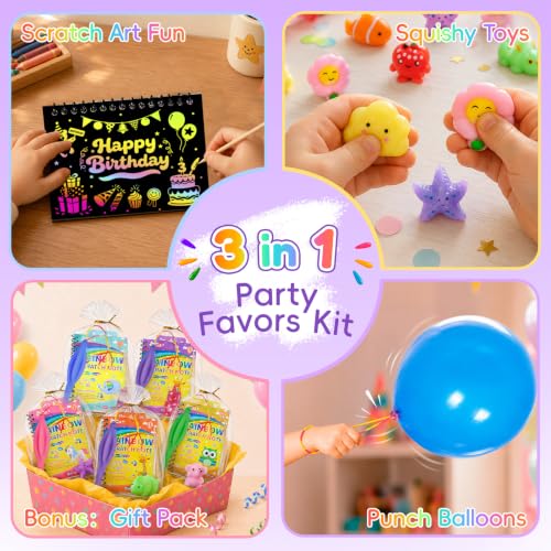 Kids Party Favor Set with Scratch Art Balloons Squishy Toys & Goodie Bags