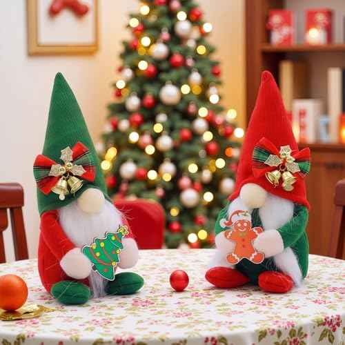 Set of 2 Christmas Gnomes Plush Decorations - Handmade Nordic Tomte Gnome Figures with Gingerbread & Tree Ornaments - Swedish Red Green Gnomes for Home, Office, and Holiday D?cor