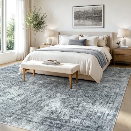 8x10 Black Grey Washable Area Rug - Soft Abstract Living Room Carpet - Non-Slip