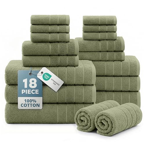 Casa Platino 18-Piece Bathroom Towel Set - Oil Green, Soft Absorbent