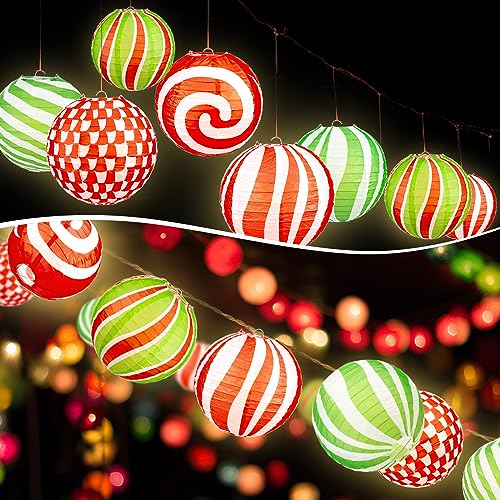 Panelee 12-Pack Christmas Peppermint Paper Lanterns 8 Inch Holiday Decor