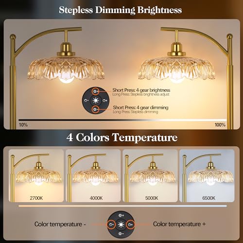 Gold Champagne Floor Lamp for Living Room & Bedroom - Dimmable Mid Century Modern Standing Lamp with Remote & Amber Glass Shade - 68" Tall Vintage Retro Design