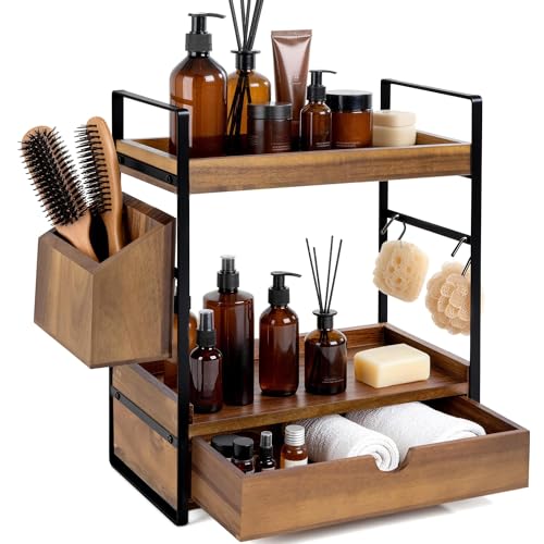 Acacia Wood Bathroom Counter Organizer with Drawer - Dark Brown, 2-Tier Vanity Shelf