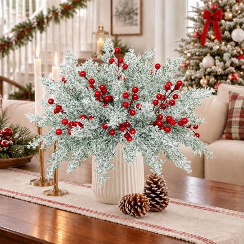 christmas artificial snow pine branches 60 pcs with red berry stems - 11in snowy Norfolk pine for wreaths & arrangements (white red / 60pcs)