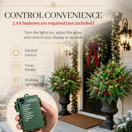 NatuBeau 24-Inch Pre-lit Outdoor Christmas Urn Filler, Green, 2 Pack