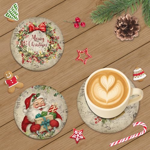 Bribay Christmas Coasters Set of 6 Ceramic Stone with Cork Bottom
