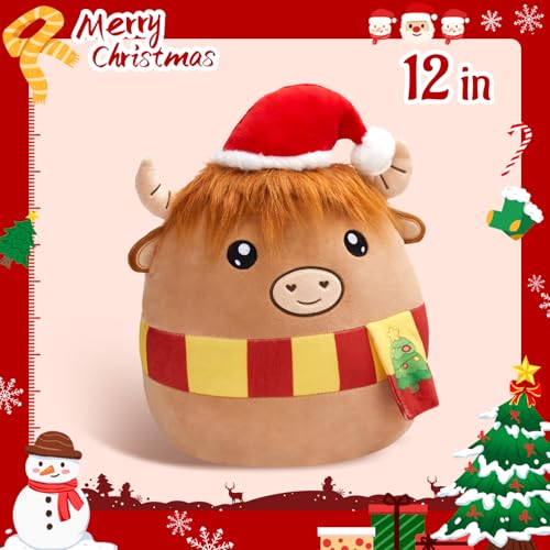 WEWILL 12'' Christmas Highland Cow Soft Plush Pillow Xmas Highland Cow Stuffed Animal Gifts for Toddler Kids Boys Girils