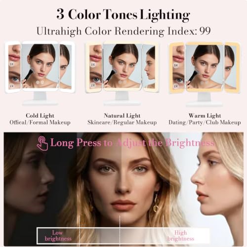 Rechargeable 15.6'' Lighted Makeup Mirror with LEDs & Trifold Design - White