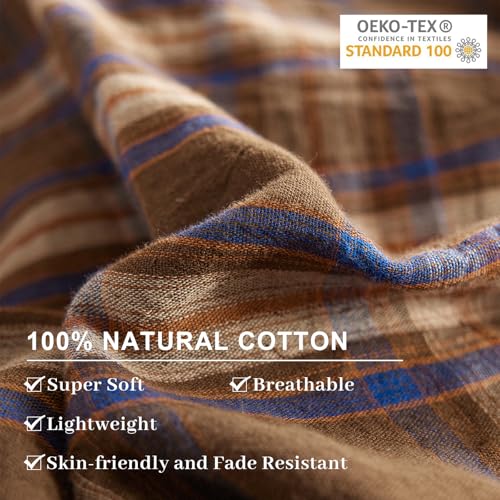 Vintage Brown & Blue Plaid Queen Duvet Cover Set - Reversible Cotton Muslin Bedding