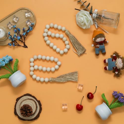 PINE & LINEN 2 Pack 12 Inch Natural Wood Bead Garland with Tassels - Style D
